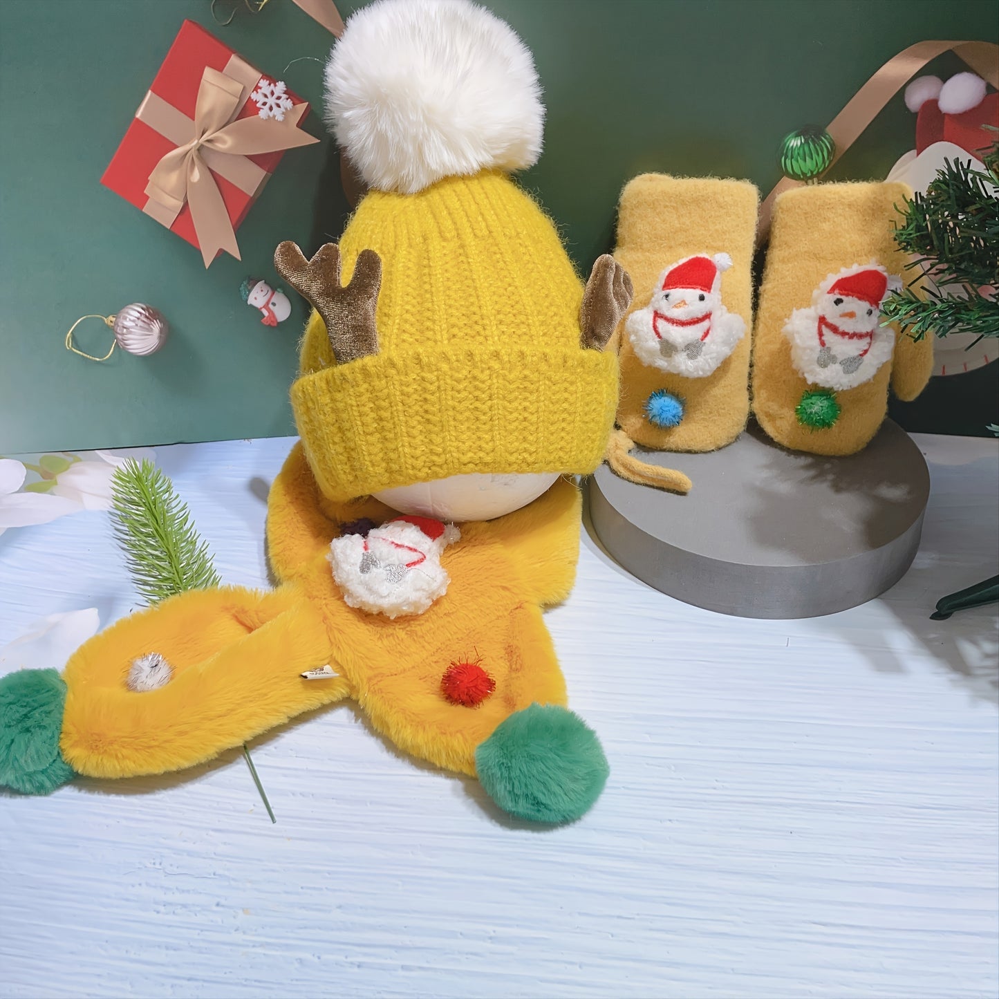Christmas Elk Antler Knitted Hat & Snowman Scarf & Gloves