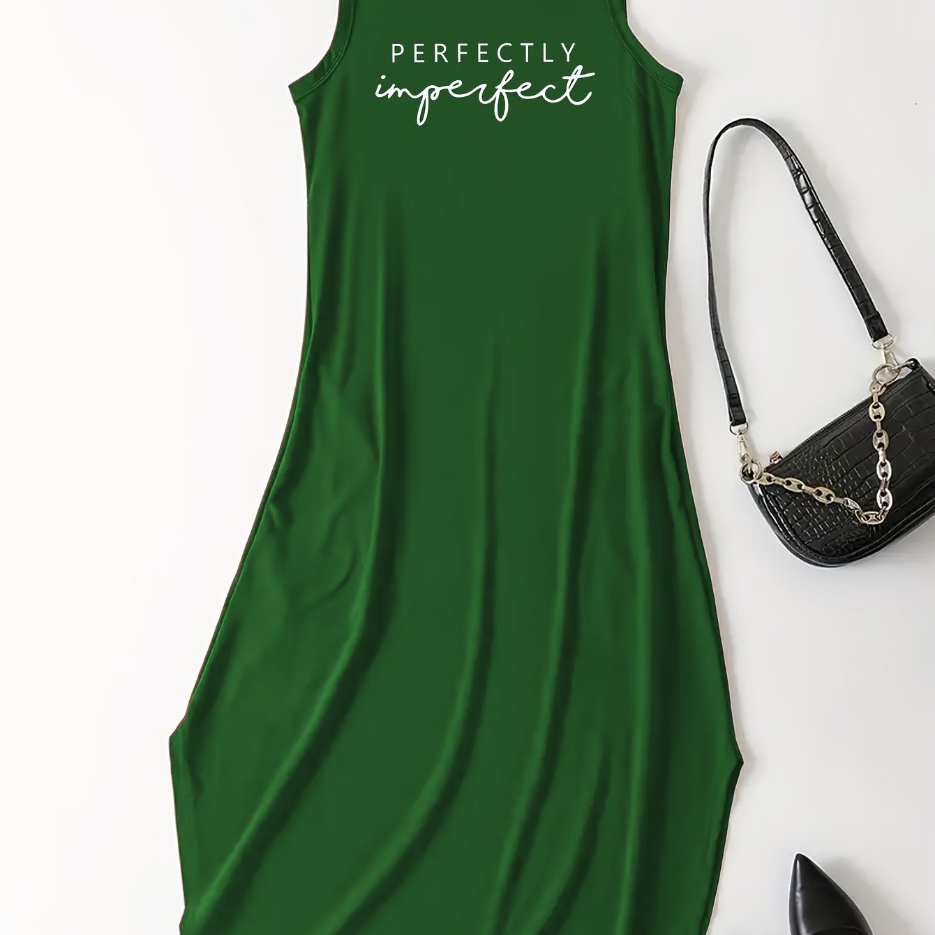 Chic Letter Print Maxi Dress - Casual Crew Neck Sleeveless Style - Comfortable Womens Tank Dress for Everyday Glamour