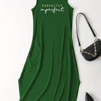 Chic Letter Print Maxi Dress - Casual Crew Neck Sleeveless Style - Comfortable Womens Tank Dress for Everyday Glamour