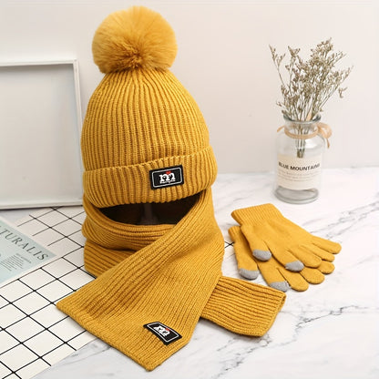 Winter Beanie Scarf Glove Set - 3 Piece Knitted Warm Accessories Kit, Elastic Polyester & Cotton Blend, Crafted Beanie with Pom Pom Detail, Cozy Knit Gloves - Unisex Cold Weather Gear