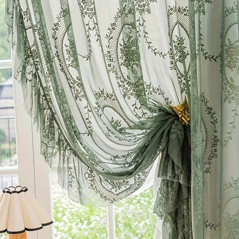 1pc Romantic Vintage Green Floral Embroidery Lace Voile Sheer Curtain - Ruffled Short Window Drapery for Bedroom Office Kitchen Living Room Study - Elegant Home Decor with Soft Filtered Light and Privacy