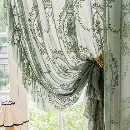 1pc Romantic Vintage Green Floral Embroidery Lace Voile Sheer Curtain - Ruffled Short Window Drapery for Bedroom Office Kitchen Living Room Study - Elegant Home Decor with Soft Filtered Light and Privacy