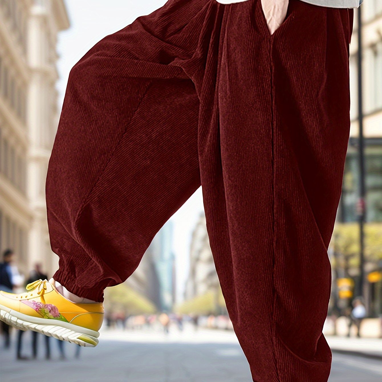 Super Loose Fit Mens Corduroy Trousers - Ultra Comfy Drawstring Harem Pants for Yoga, Streetwear - Soft Polyester, Solid Color, Regular Length, Non-Stretch, Perfect for Spring and Fall Seasons