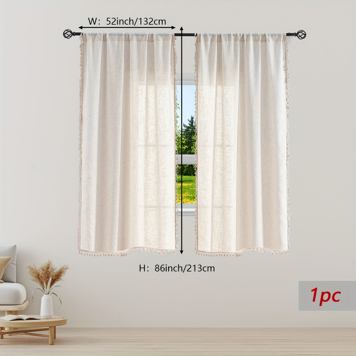 1pc Luxurious Bohemian Cotton and Linen Lace Curtain with Tassel - Elegant Rod Pocket Design for Kitchen, Bedroom, Study, Cafe, Living Room - Home Decor Essential with Natural Texture and Chic Style