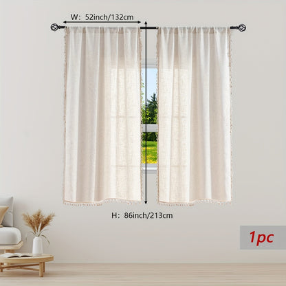 1pc Luxurious Bohemian Cotton and Linen Lace Curtain with Tassel - Elegant Rod Pocket Design for Kitchen, Bedroom, Study, Cafe, Living Room - Home Decor Essential with Natural Texture and Chic Style