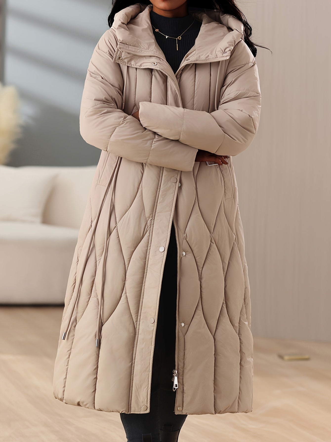 Chic Winter Hooded Coat for Women - Slim Fit, Thick Padded with Belt Detail, Long Sleeve, Machine Washable