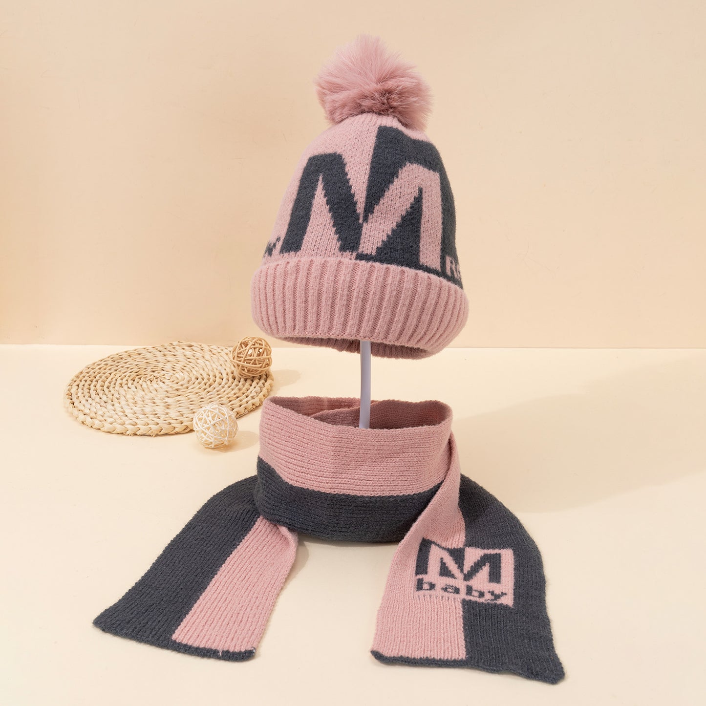 Children's Knitted Hat & Scarf Set "M" Letter Color Block Thickened Warm Winter Cap With Pom Pom For Girls And Boys