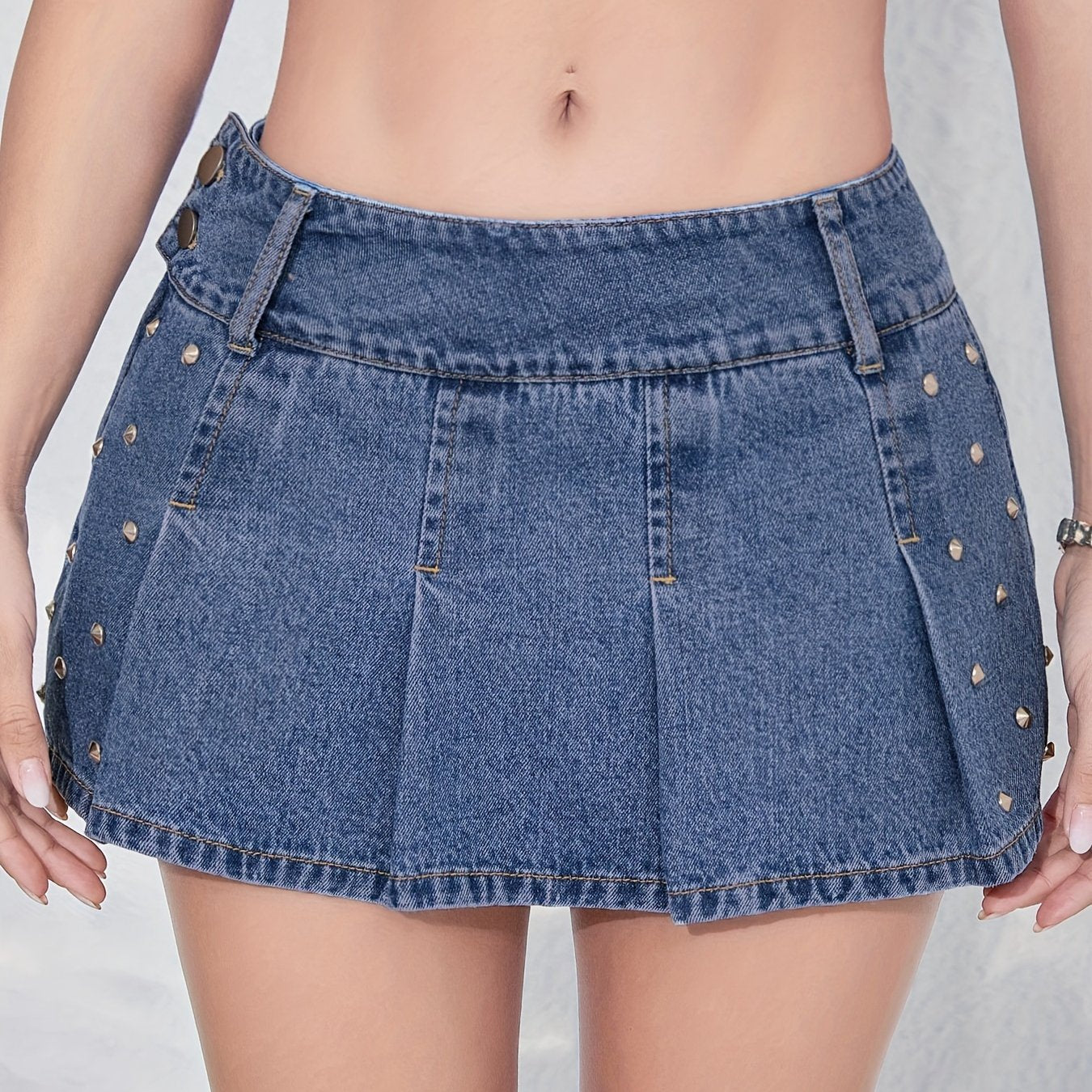 Sexy Mini Denim Pleated Skirt - Studded, Non-Stretch, Solid Color, Woven, Customized, Low Rise, Summer Casual Wear for Women - Perfect for Spring, Summer, and Fall Seasons