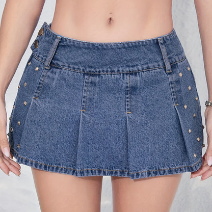 Sexy Mini Denim Pleated Skirt - Studded, Non-Stretch, Solid Color, Woven, Customized, Low Rise, Summer Casual Wear for Women - Perfect for Spring, Summer, and Fall Seasons