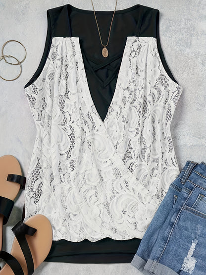 Chic Ruched Sleeveless Tank Top - Lace Detailing, Comfort Fit for Casual Summer Days, Womens Fashion