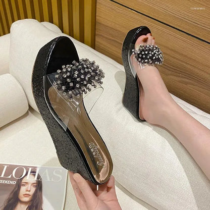 Slippers Crystal Women's  Wedge Heel High-heeled Sandals 8cm Thick Bottom Transparent Rhinestone Fish Mouth Women