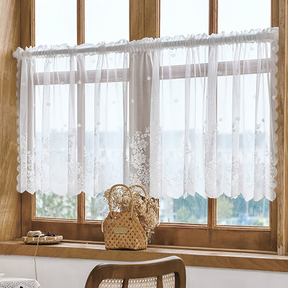 1pc Lace Small Curtain Flower Cafe Curtain, Simple And Sweet Small Window Curtain, Rod Pocket White Window Curtain Suitable For Kitchen And Dining Room, Window And Door Decoration, Cabinet Curtain Home Decor