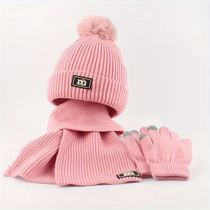 2pcs+1pair Children's Scarf & Hat & Gloves Set, Autumn And Winter Baby Warm Fleece Lined Gloves, Boys And Girls Knitted Hat