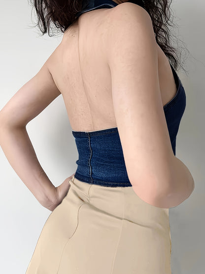 Stretchy Denim Top - Sleek Open Back Design, Halter Neck Style, Classic Single Button Front, Super Stretchy Fabric for Comfort - Deep Dark Washed Blue Color, Designed for Women