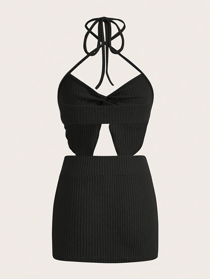 Sultry Solid Ribbed Skirt Set - Figure-Flattering Halter Crop Top & Cozy Knit Skirt Outfit - Womens Casual Fashion Clothing Ensemble