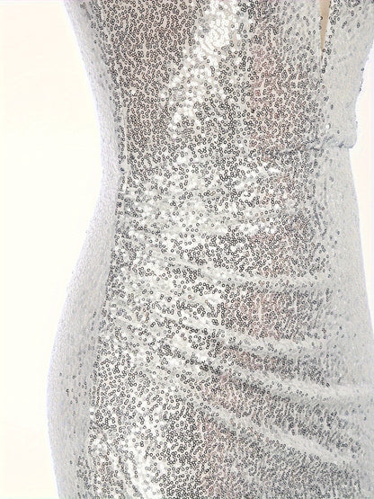 Sequined Deep V Neck Bodycon Dress, Sexy Sleeveless Irregular Hem Dress For Party & Banquet, Women's Clothing