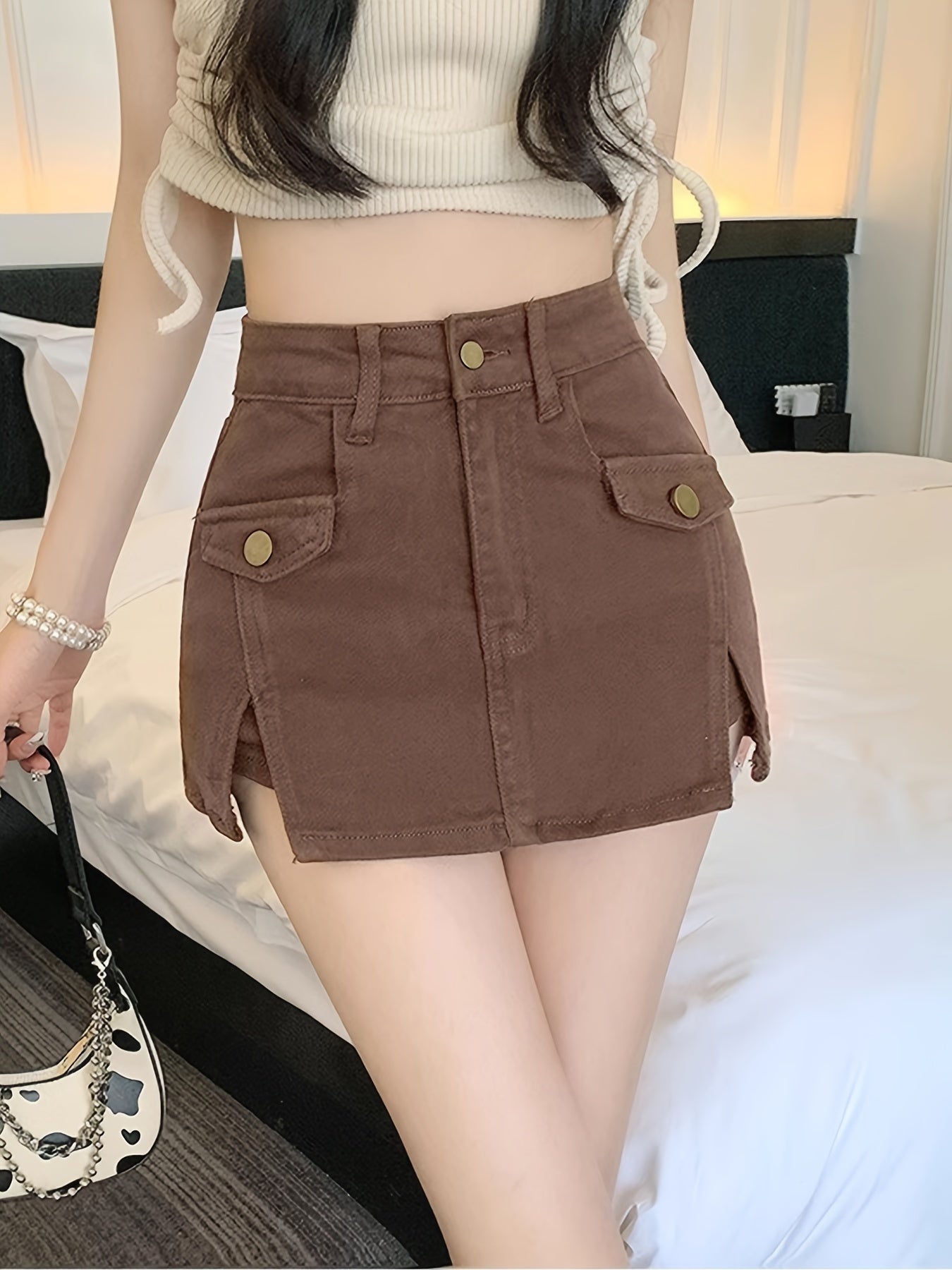 Chic Womens High-Waisted Split Skort - Flattering A-Line Design with Button Detail for Trendy Casual Style