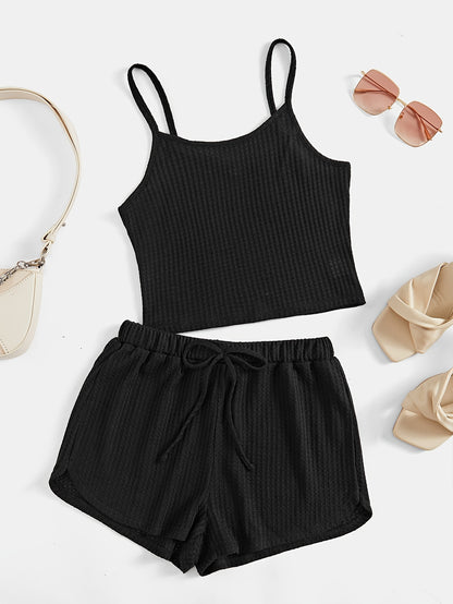 Solid Waffle Shorts Casual Set, Spaghetti Strap Sleeveless Crop Cami Top & Knotted Front Shorts Outfits, Women's Clothing