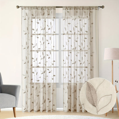 2pcs Sheer Curtains With Embroidery Leaf Pattern, Rod Pocket Faux Linen Floral Semi Curtains Voile Window Curtains Kitchen Curtains, Drapes for Bedroom Living Room