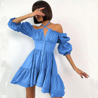 2025   new solid color neck square neck bubble sleeve sexy dress summer Popular trade women's dress short dress