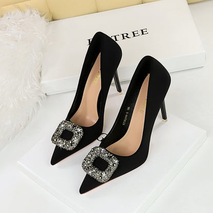 LOVECCR 2025 18249-K83  banquet high heels women's shoes satin light mouth pointed head super high heel rhinestone metal buckle single shoes