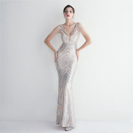 19639 #Positioning flower beaded evening dress long banquet slim evening dress temperament elegant long sequins