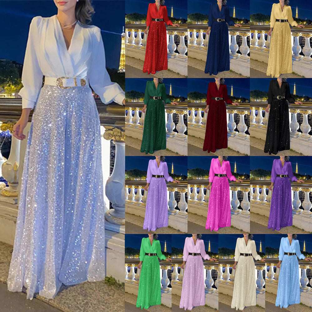 New women's clothing  new models, fashionable V-neck long-sleeved shirt temperament elegant waist and thin sequins wide legs