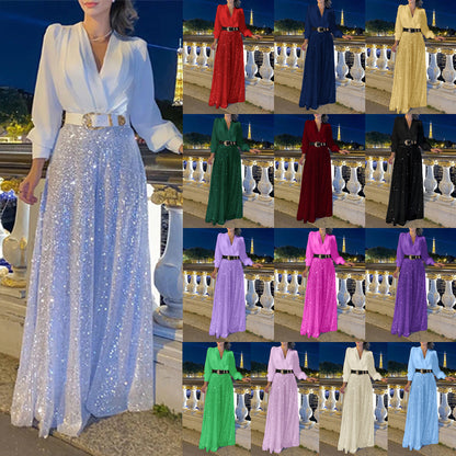 New women's clothing  new models, fashionable V-neck long-sleeved shirt temperament elegant waist and thin sequins wide legs
