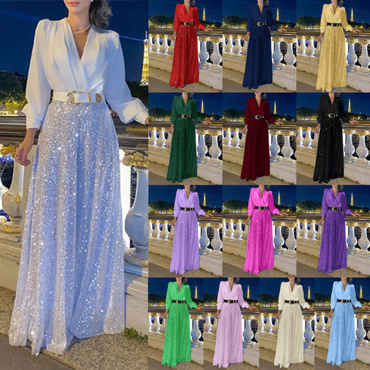 2025 New women's clothing  new models, fashionable V-neck long-sleeved shirt temperament elegant waist and thin sequins wide legs