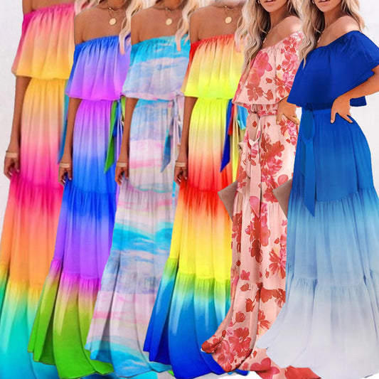 new  New women's clothing  Dunhuang chest wrapping printing gradual change color pendulum dress dress manufacturer