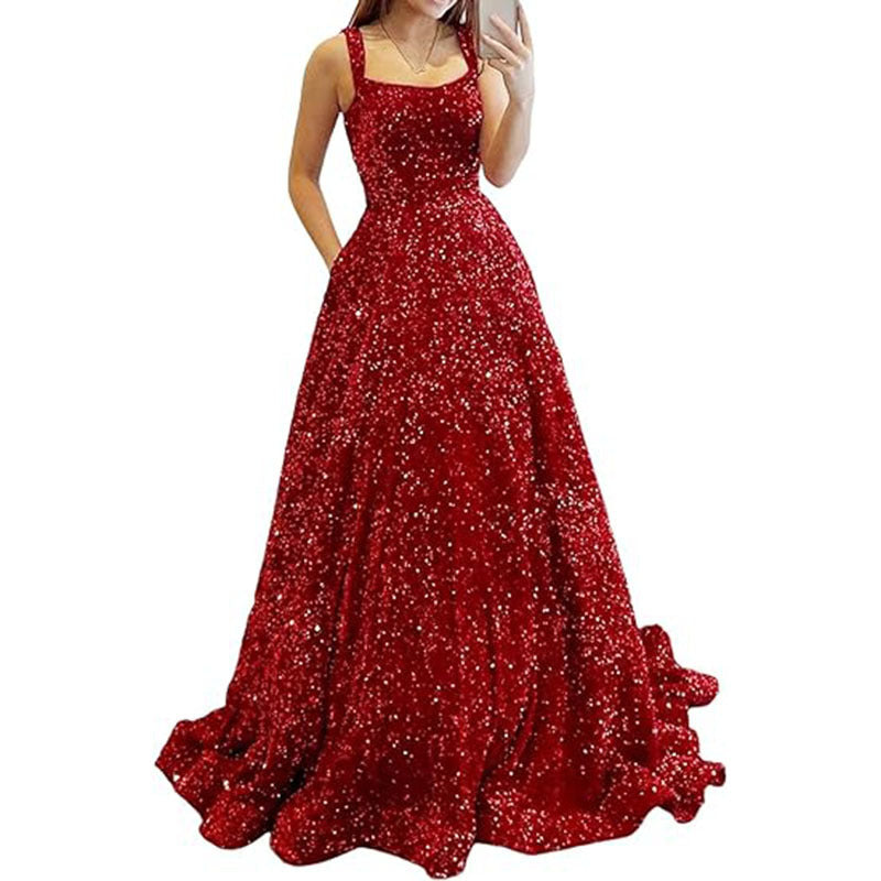 LOVECCR Foreign Trade  Prom Dresses Long A- line Formal Evening Gown with Pockets Side Slit Glitter Party Dress