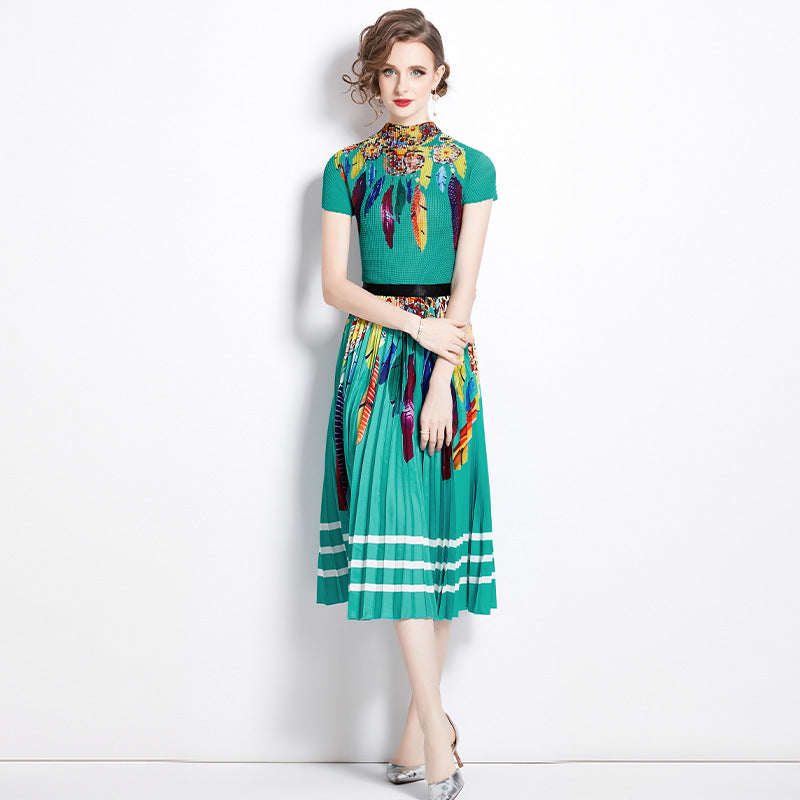 new pleated suit women's short-sleeved printed T-shirt skirt fashion temperament two-piece suit women