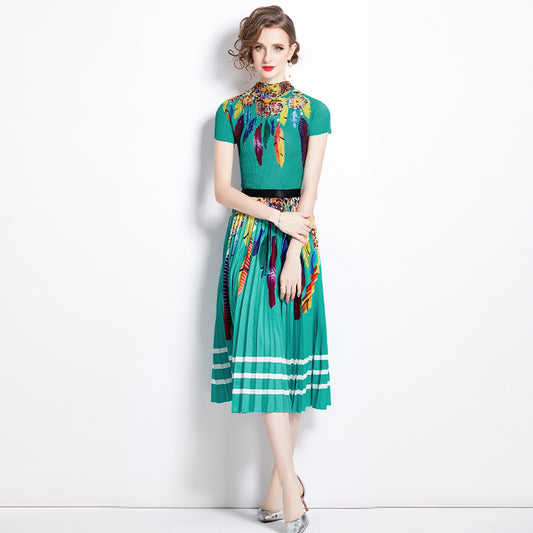 new pleated suit women's short-sleeved printed T-shirt skirt fashion temperament two-piece suit women