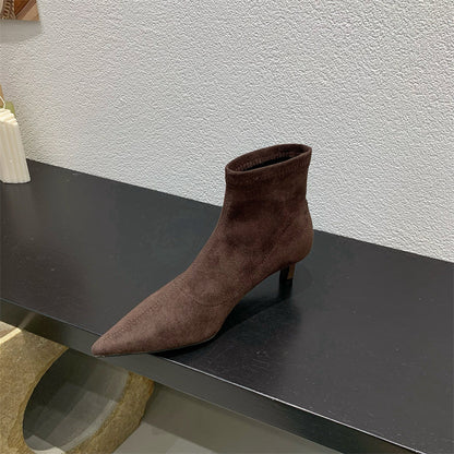 2025  Autumn and winter soft-soled elastic thin boots pointed-toed thin-heeled boots women's short boots small heel versatile black suede single boots
