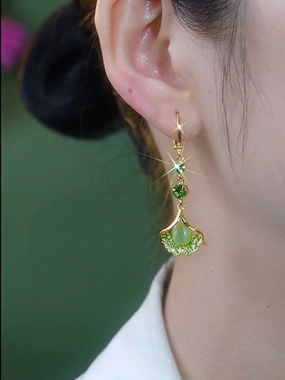 popular new diamond-encrusted green opal ginkgo leaf earrings women's niche design long ear buckle temperament earrings