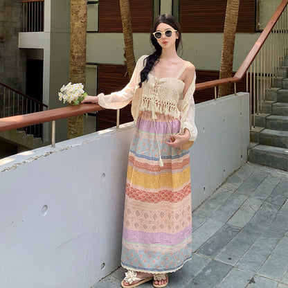 2025 Dopamine seaside vacation suit women's summer bohemian color skirt vest cardigan Sanya travel wear