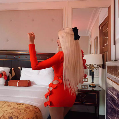 LOVECCR Red hollow bow long-sleeved bandage dress 2025 women's clothing new sexy New short skirt early autumn