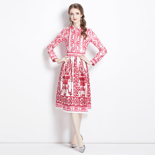 Retro court style light luxury temperament long sleeve lapel waist celadon printed a-word dress elegant dress long dress