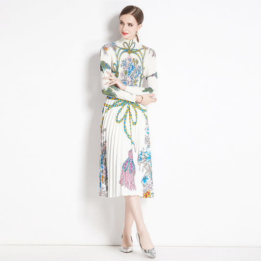 New pleated suit women's long-sleeved printed T-shirt skirt fashion temperament two-piece suit women