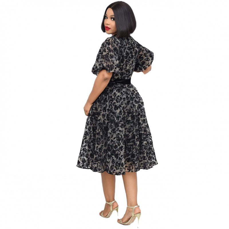summer new temperament stand-up collar black flocking encrypted mesh waist lace splicing fashionable and thin dress