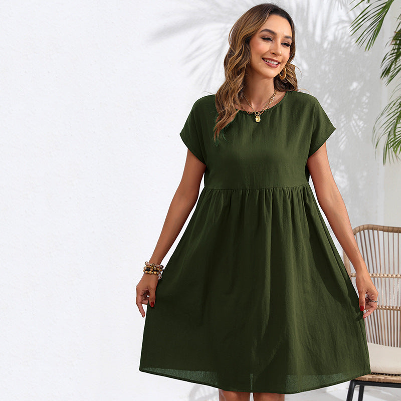 Cross-Border Foreign Trade   European and American Fashion Summer Ol Temperament Cotton Linen round-Neck A- line Skirt Pocket Dress