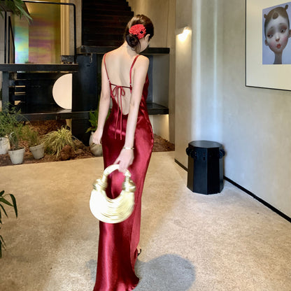 2025 Hong Kong style retro suspender red acetic acid sexy swinging collar long dress hip wrap thin backless dress dress