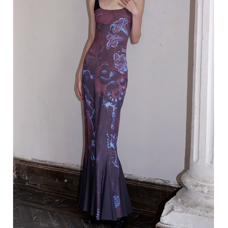 LOVECCR 2025 PB138 popular street style new Y2K long dress printing splicing contrasting color wasteland wind flower suspender dress tide
