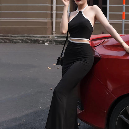 LOVECCR 2025 AC028  summer new neck ultra-short chest-wrapped halter top hip-wrapped split skirt casual suit