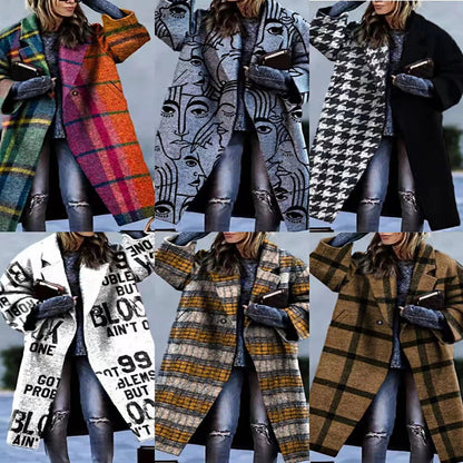 2025 New new Popularan, 2025n autumn Popular trade women's clothing  long-sleeved lapel jacket printed woolen large-size trench coat