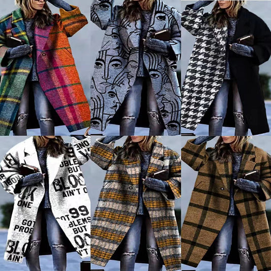 New new Popularan, n autumn Popular trade women's clothing  long-sleeved lapel jacket printed woolen long coat