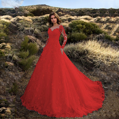 2025 New 2025 Women's Clothing  Dress Long Sleeve Solid Color Perspective Lace Bridal Wedding Dress