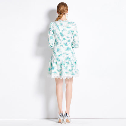 Spring and autumn retro court style temperament bubble long sleeve round neck waist thin a word dress lace dress women