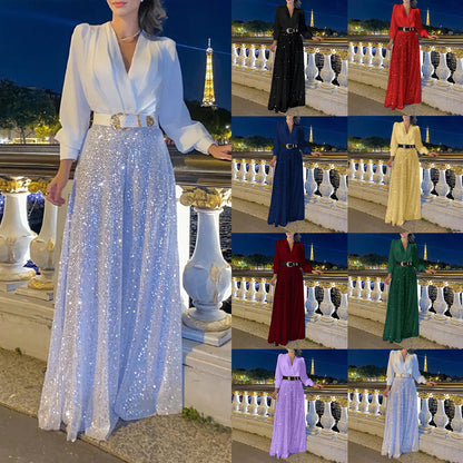 New women's clothing  new models, fashionable V-neck long-sleeved shirt temperament elegant waist and thin sequins wide legs