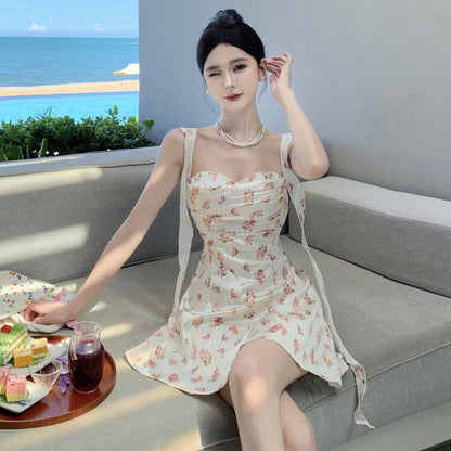 2025 Seaside beach vacation wind super fairy short skirt children sexy swinging collar streamer backless suspender floral very fairy dress